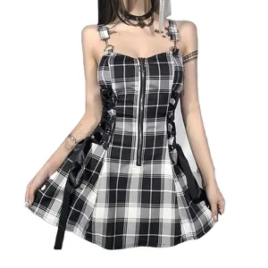 Sleeveless Lolita lattice Dress Goth Aesthetic Puff Sleeve High Waist Vintage Bandage Lace Trim Party Gothic Clothes Dress Woman