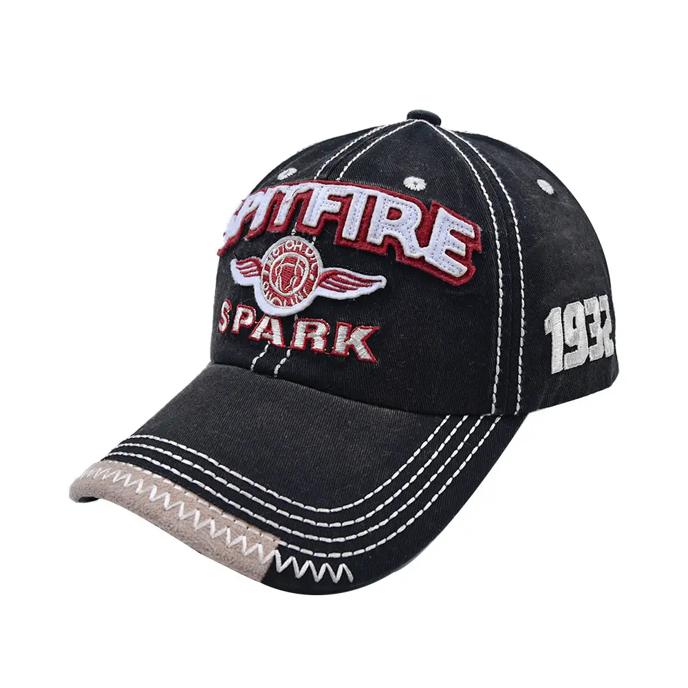 D006 Spark Letter Custom Curved Brim Adjustable Trucker Sport Cap Fashionable Dad Hat Black Embroidered Baseball Caps