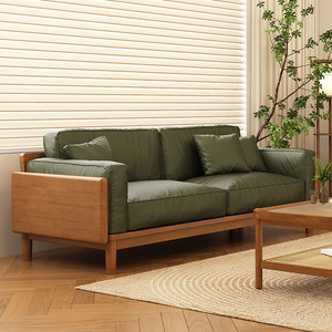 Nordic Solid Wood And Genuine Leather Straight Sofa Cherry Wood Color <b>Walnut</b> Color Upholstered Living Room Furniture - Product Image 1