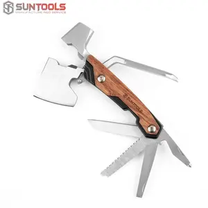 Durable wooden handle portable folding knife screwdriver openers Outdoor multi-function garden axe hammer