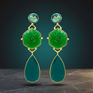 Nouvelles boucles d'oreilles ethniques en laiton plaqué or avec pierres précieuses en onyx vert teinté émeraude, faites à la main, cadeau - Product Image 3