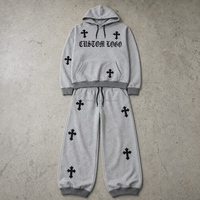Ensemble deux pièces décontracté gris pour homme personnalisé avec graphismes de lettres gothiques et symboles de croix, streetwear, usine OEM ODM