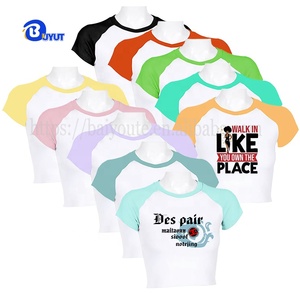 Maßgeschneiderte Streetwear Hip-Hop Mädchen Baby-T-Shirt Boxy Fit mit Logodruck Damen Crop-Tops Raglan Crop-Top mit Kontrastärmeln - Product Image 1