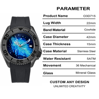 Montre de Plongée Automatique Noire Personnalisée pour Homme 42mm avec Aiguilles Lumineuses, Bracelet en Cuir Bleu, Étanche 50 Bar, Logo Personnalisé
