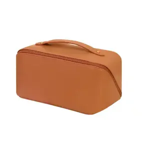 Vegan Toiletry Luxury Custom Logo Make Up Large Capacity White Pouch Travel Brown Waterproof Up Leather Cosmetic Bag