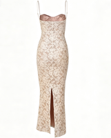 Robe longue d'été 2026 sexy et tendance pour femme, en maille unie, tissée respirante, avec empiècements en dentelle, bretelles spaghetti, taille élastique et coupe ajustée, style licou