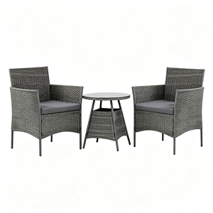Ensemble <span class=keywords><strong>de</strong></span> meubles <span class=keywords><strong>de</strong></span> bistrot en rotin gris avec coussins doux en PE, 3 chaises et table d'appoint ronde en verre pour la cour et les loisirs en plein air - Product Image 1
