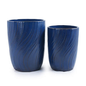 Glazed Ceramic Flower Pot Cobalt <b>Blue</b> Wavy <b>Feather</b> Embossed Texture Indoor Outdoor Garden Planter Drainage Hole Eco-Friendly - Product Image 6