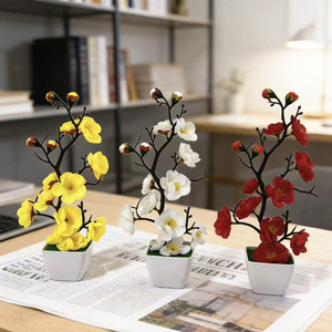 Bonsaï artificiel Paulon en fleurs de prunier, 27 cm de haut, pot en plastique, décoration pour la maison, le bureau ou la table. - Product Image 1
