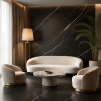 Dalle en pierre frittée 3200x1800x12mm noire polie avec veines diagonales blanches prononcées pour hall d'hôtel de luxe et mur d'accentuation de villa
