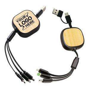Multi-Function Eco-friendly Bamboo 1M Retractable Multiple Charging Cord <b>3</b> in 1 Fast USB Charger Cable - Product Image 1