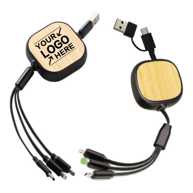 Multi-Function Eco-friendly Bamboo 1M Retractable Multiple Charging Cord 3 in 1 Fast USB Charger Cable