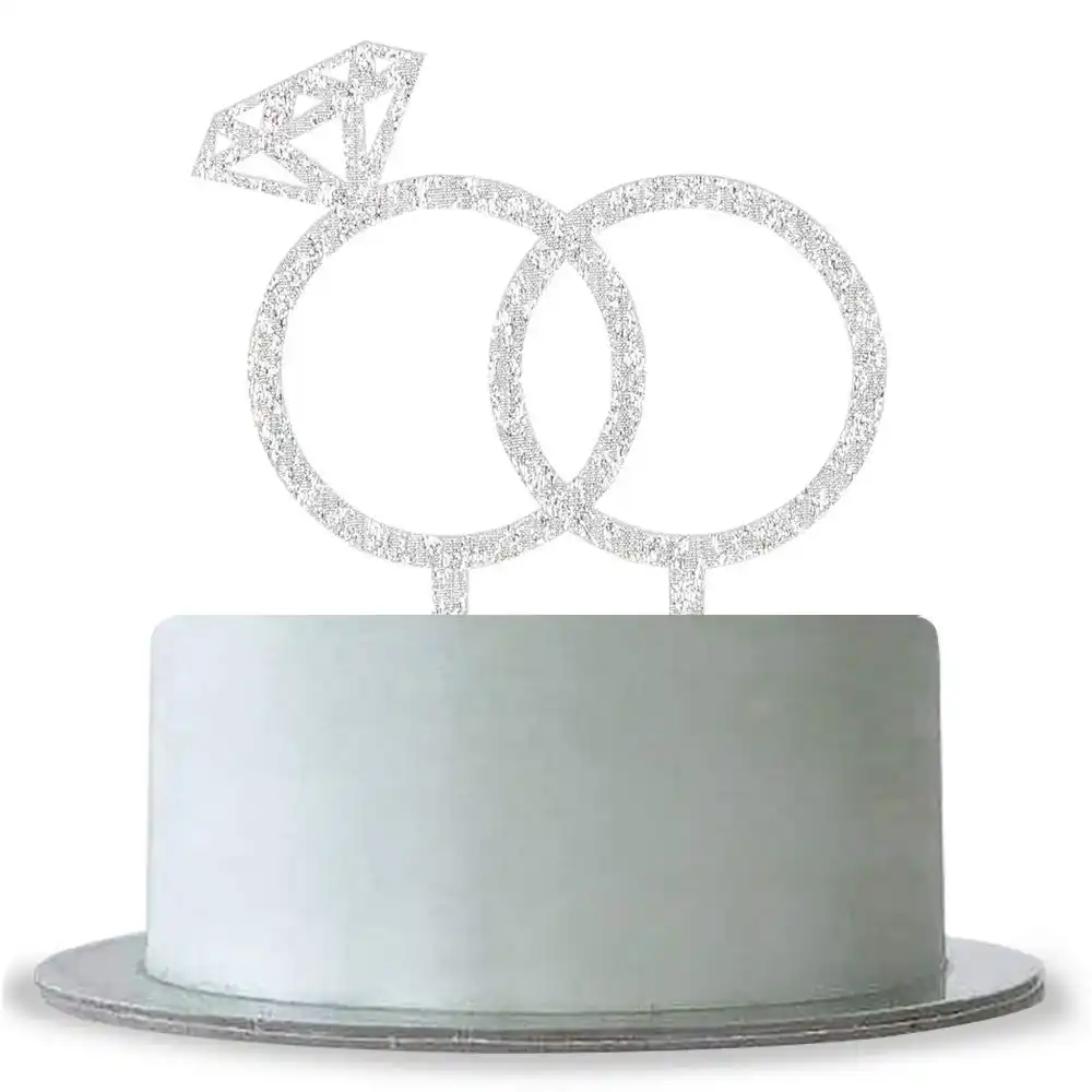 Cincin Berlian Puncak Kue Pernikahan Pertunangan Perlengkapan Pesta Pernikahan Glitter Perak Cincin Pernikahan Puncak Kue Akrilik