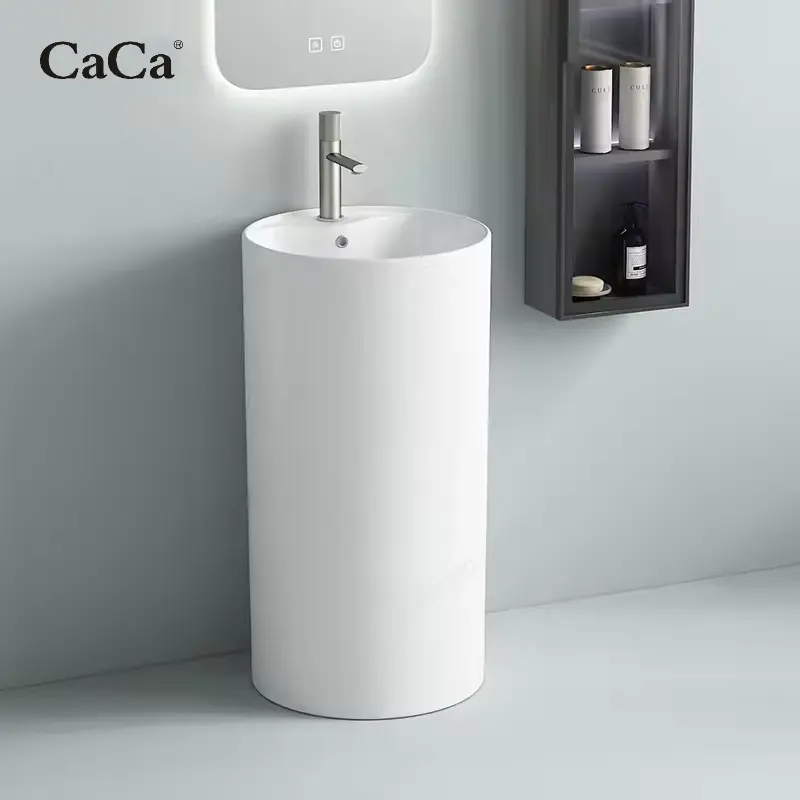 CaCa Bathroom Freestanding Round Stand Basin One Piece Bathroom Ceramic Hand Wash Pedestal Sink Basin