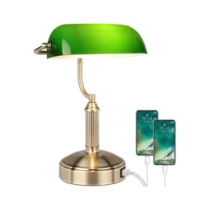 Vintage Touch Control Green Glass Bankers Desk Lamp With USB Ports