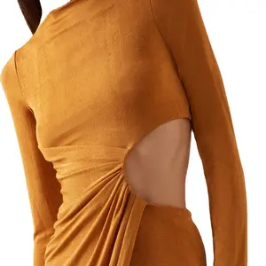 Custom full sleeve Maxi dress Ladies elegant casual autumn dress solid color crewneck two-color tulle sheath dress