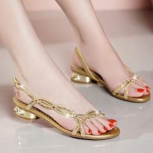 Sandales d'été confortables pour femmes Xuanhui, élégantes et fiables, en cuir véritable, avec décorations en strass, talon bas de 3 cm - Product Image 2