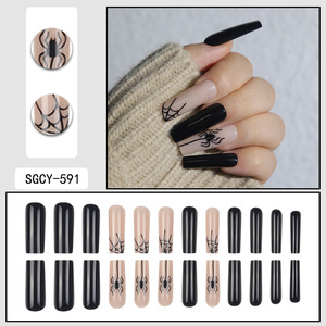 ชุดเล็บใยแมงมุมสีดำฮาโลวีน24ชิ้นวัสดุ ABS สไตล์ฝรั่งเศสเล็บปลอมลายอัลมอนด์สำหรับ<span class=keywords><strong>นิ้ว</strong></span><span class=keywords><strong>มือ</strong></span> - Product Image 5