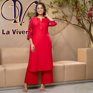 Conjunto de Kurta y Pantalones de Rayón Rojo de Lujo Elegante para Mujer, Venta al Por Mayor - Product Image 3