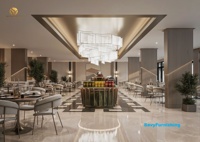 Ensemble de mobilier de luxe pour restaurant buffet : table confortable et chaises métalliques, banquette moderne en velours et ensemble de salle à manger pour buffet d'hôtel