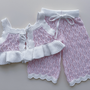 Ensemble en crochet personnalisé : Haut à nouer ajouré à volants et short, Combinaison tricotée, Barboteuse en maille - Product Image 6