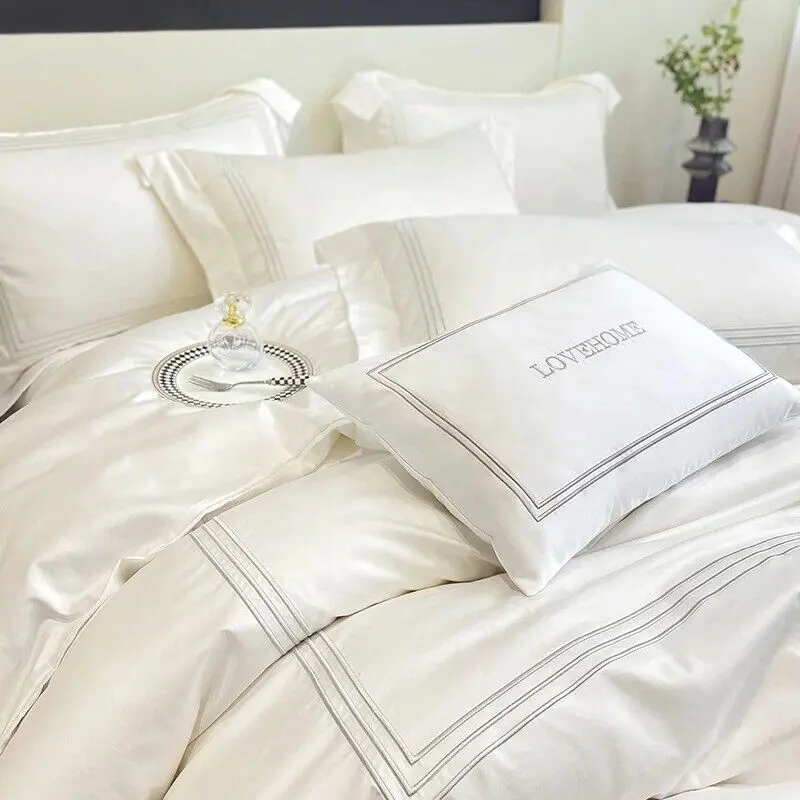 Percale tampa de logotipo de bordado de 100% algodão, conjunto caseiro de tamanho queen e cama