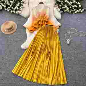 Señoras barato 2 piezas conjunto LW1398 mujer Tie-Dye gradiente cinturón arrugado Blusa plisada Midi falda conjunto de dos piezas - Product Image 2