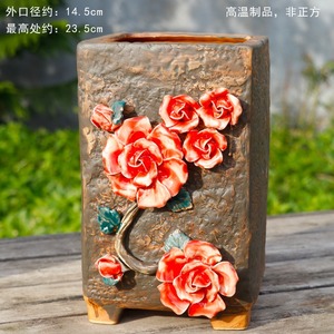 Vaso Quadrato Alto in Stile Vintage con Fiori 3D, in Ceramica Verde per Piante Succulente - Product Image 2