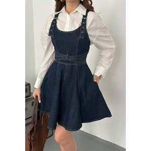 Robe en jean bleu coupe trapèze à dos nu avec lacets, délavage foncé, pour femme - Product Image 6