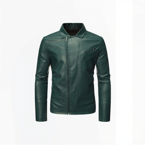 Veste en cuir PU vert pour homme, style motard, fermeture éclair, col rabattu, coupe ajustée, coupe-vent, vêtements d'extérieur pour l'automne - Product Image 3