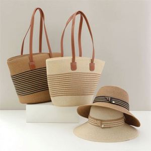Conjunto de Bolso de Hombro y Sombrero de Paja Natural Unisex al por Mayor con Bordado a Mano, Casual, de Gran Capacidad, Listo para Viajar y Esquiar, a Cuadros - Product Image 6