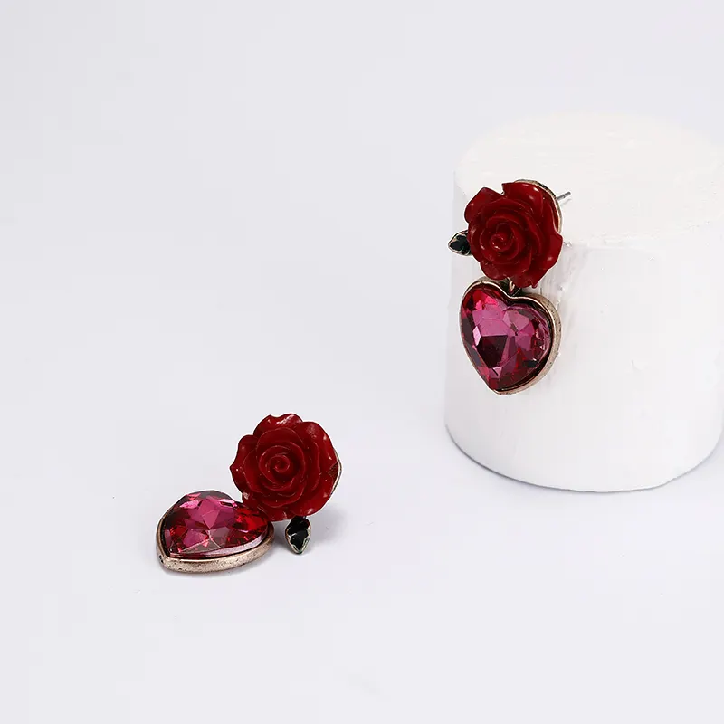 Dainty Jewelry Crystal Heart Stud Earrings Red Enamel Rose Flower Rhinestone Heart Shaped Earrings