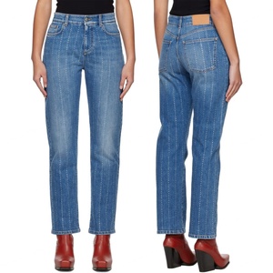 กางเกงยีนส์สตรีทรงสลิมฟิตสไตล์ลำลองแบบวินเทจ ตกแต่งเพชร คริสตัล และ rhinestone สีน้ำเงิน - Product Image 1