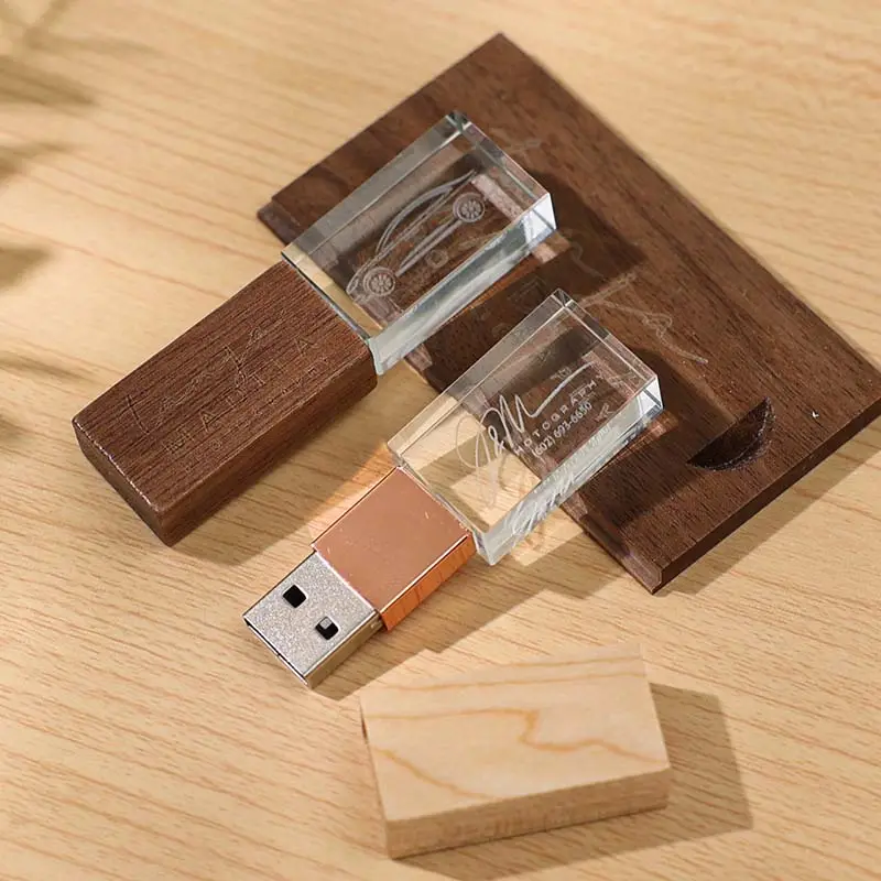 Gỗ Glass món quà cưới memorias USB 2GB 4GB 8GB 16GB tùy chỉnh ổ đĩa flash 32GB 64GB 128GB pha lê USB Stick với hộp gỗ