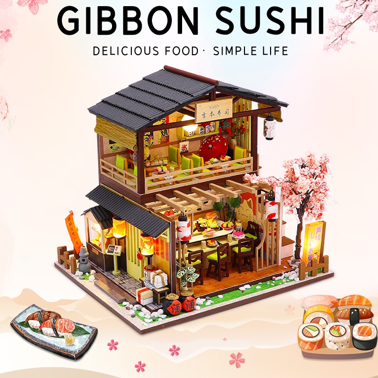 Hongda M2011 Gibbon Sushi Dollhouse Diy Miniature House Kit Mini Doll House Wooden Dolls House