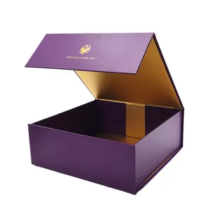 Caja de regalo magnética de lámina de oro púrpura grande impresa con logotipo personalizado ecológico, caja rígida plegable para ropa, zapatos, embalaje de papel