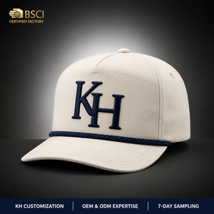 Cappello Vintage KH in Corda, Berretto da Golf in Nylon Tecnico Premium, Logo Ricamato 3D Personalizzato, 5 Pannelli, Snapback, Fabbrica Certificata BSCI - Product Image 1