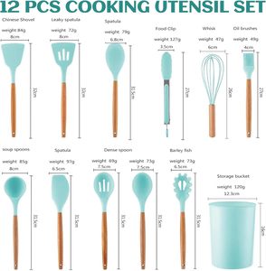 Juego de utensilios de cocina de silicona de 12 piezas de buena calidad con mango de madera, cuchara antiadherente, espátula, pinzas, herramientas de cocina - Product Image 3