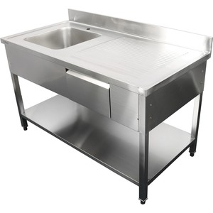 Évier de préparation autoportant pour <span class=keywords><strong>restaurant</strong></span> - Évier simple en acier inoxydable avec égouttoir, tiroir de rangement et étagère pour la restauration hôtelière - Product Image 6