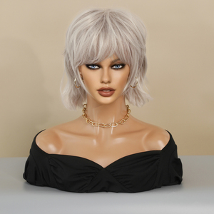 Perruques Pixie Cut avec <span class=keywords><strong>frange</strong></span> Ombre platine rose clair, perruques mignonnes Bob courtes couches cheveux ondulés 12 pouces perruque pour femmes en gros - Product Image 5