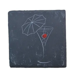 2023 Tabletex Natural Gifts Black Slate Coaster With Printing Set Non-Slip Insulation Shape Pattern Slate Coaster