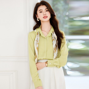 Women's White Long Sleeve Shirt With Silk Scarf Button Down Work Blouse Solid Color Polyester Fabric - Product Image 4