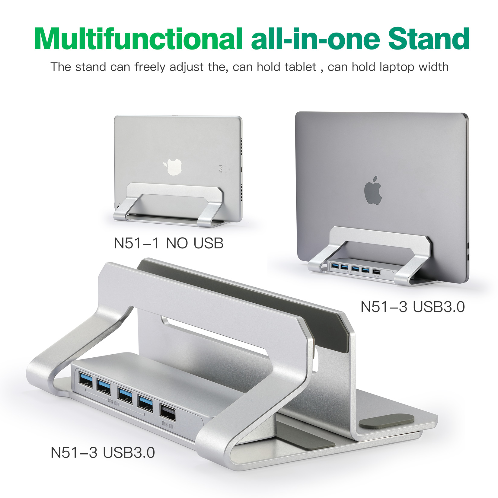 Aluminum Width Adjustable Vertical Desktop Holder Dock Save Space for Desk Organizers and Storage Laptop Stand With 3.0 Hub