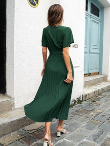 Abiti da donna Casual estate maniche a foglia di loto abito a pieghe allacciato partito Maxi manica corta abiti da ufficio lavoro formale da donna - Product Image 3