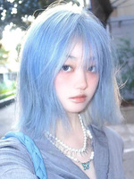 Wig Renda Biru Rambut Pendek Wanita Bob Panjang Sebahu Penutup Kepala Penuh Subkultur Keren Lolita Y2K Berat Satuan 175