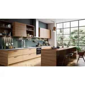 Wholesale Price High End Modern Design Wood Veneer Tinted Glass Pantry Door Luxury Italian Kitchen Cabinets