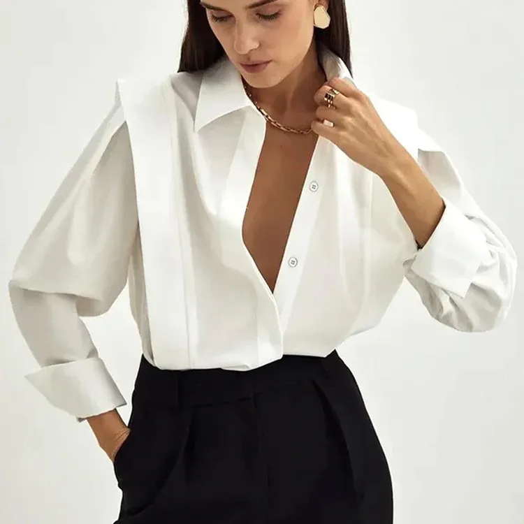 Weißes Hemd Damen elegant lässig V-Ausschnitt Bluse Herbst Büro Dame solide lange Ärmel Hemd feminine Mode ästhetische Knopf Oberteile