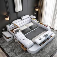 Hotte Vente Lit Intelligent de Luxe en Cuir, Lit Multifonctionnel Tatami King Size, Lit Capitonnée en Tissu Doux avec Rangement et Haut-Parleur Musical