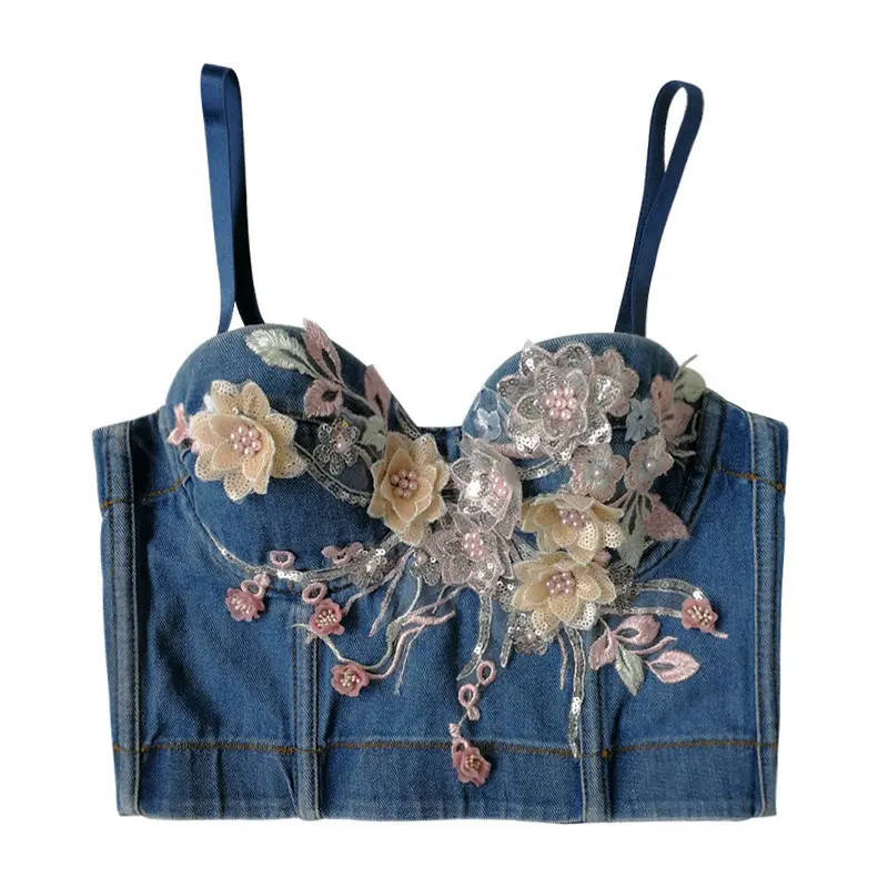 T985 Flower Beading Denim Women's Button Push Up Night Club Party Vintage Western Bustiers Western Corsets Crop Top To Jeans