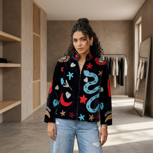 Serpente Suzani Hand-Embroidered Knitted Lightweight Reversible Stand Collar <b>Velvet</b> Quilted Eco-Friendly Animal Autumn Jacket - Product Image 4